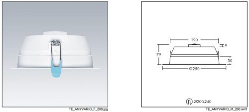 AMY VARIO 200 LED DL 2000 830/35/40, süllyesztett kapcsolható színhőmérsékletű LED mélysugárzó IP44 (Élettartam 50 000 óra L80, kivágási méret 100, 150 és 200-240 mm