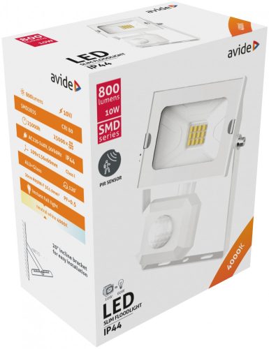 Avide LED Reflektor Slim SMD 10W NW 4000K Mozgásérzékelős PIR Fehér