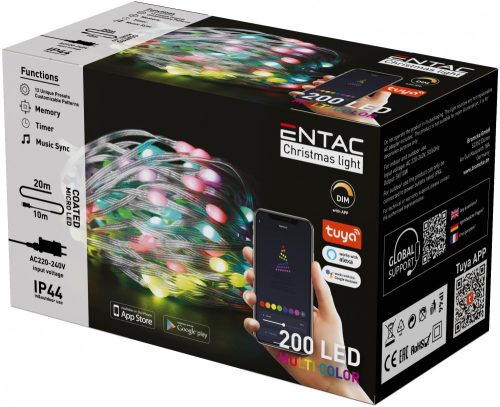 Entac Karácsonyi IP44 200 LED Füzér MC Tuya APP, színváltós, telefonról vezérelhető, 10 méter