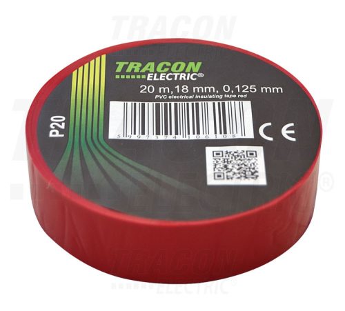 Tracon Szigetelőszalag, piros 20m×18mm, PVC, 0-90°C, 40kV/mm