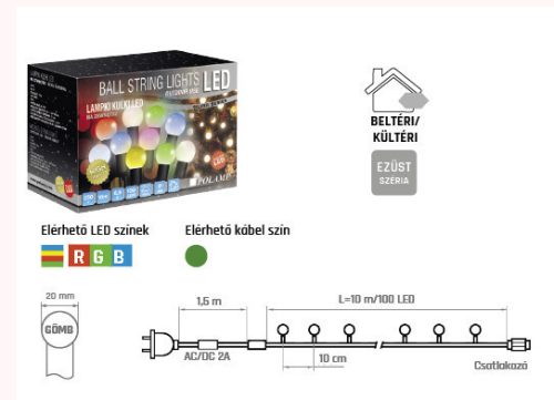 LED GÖMB FÉNYFÜZÉR 10 MÉTER, MULTICOLOR, ZÖLD KÁBELLEL, POLAMP