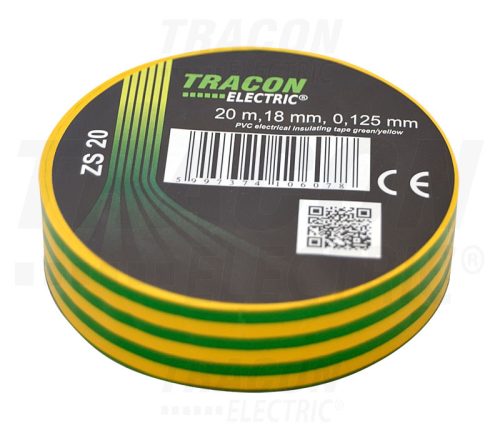 Tracon Szigetelőszalag, zöld/sárga 20m×18mm, PVC, 0-90°C, 40kV/mm